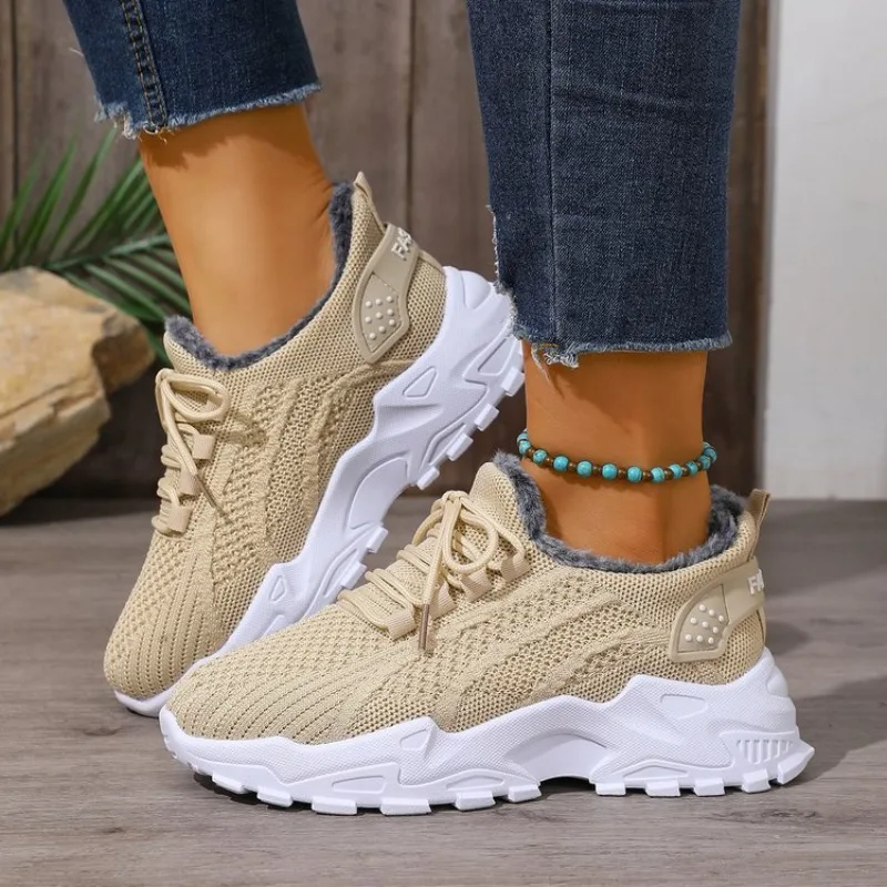 أحذية رياضية شتوية نسائية مصنو - مراجعة Knit Fabric Lace Up Sneakers وسعره