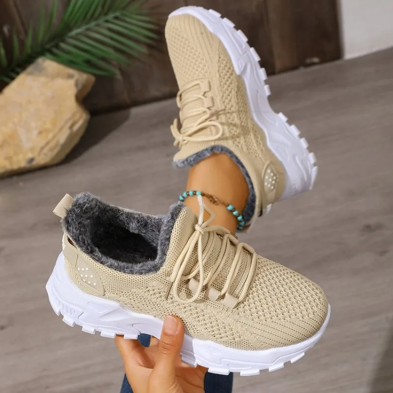 أحذية رياضية شتوية نسائية مصنو - مراجعة Knit Fabric Lace Up Sneakers وسعره
